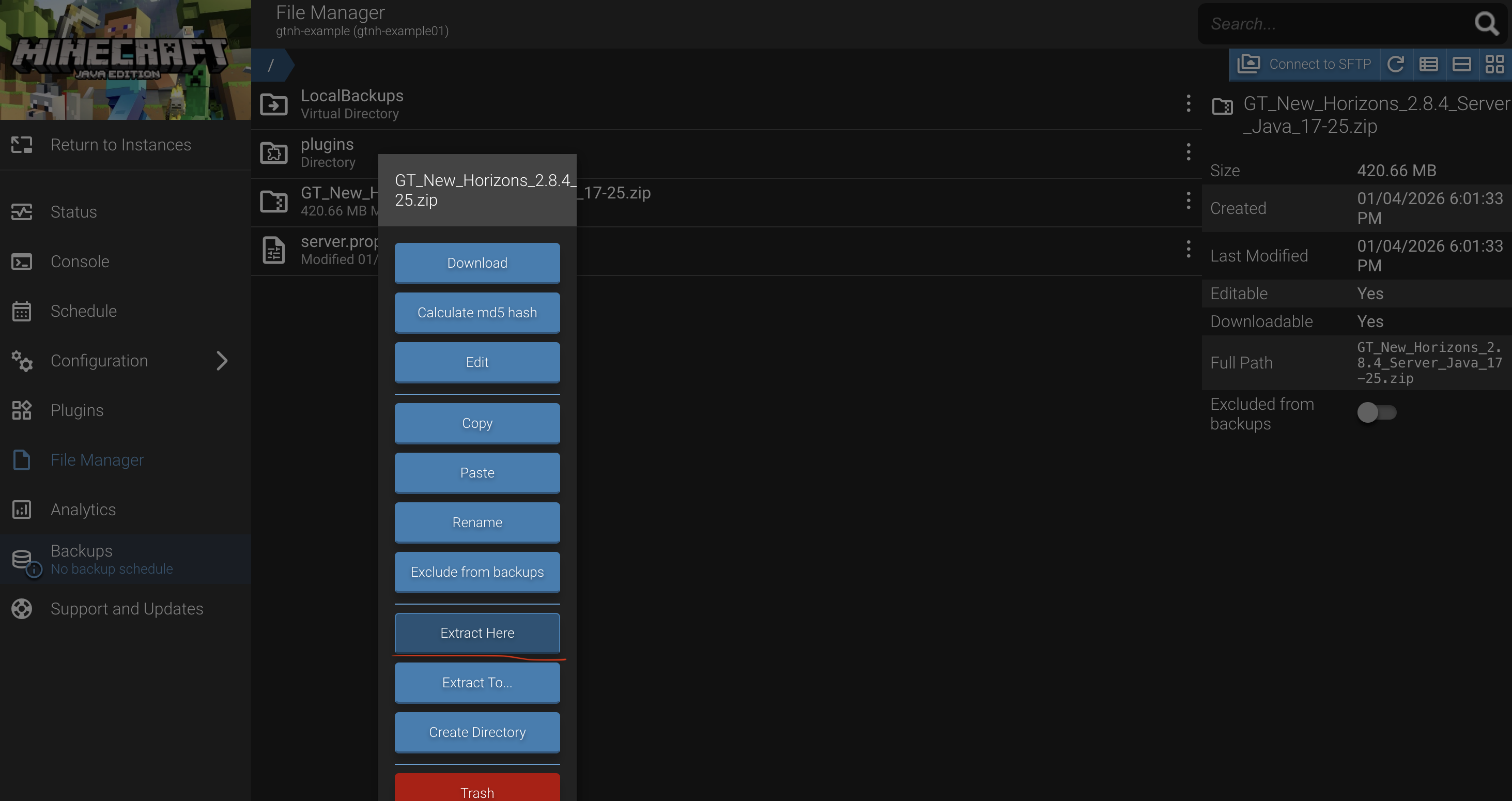 Extract the GTNH server pack in AMP