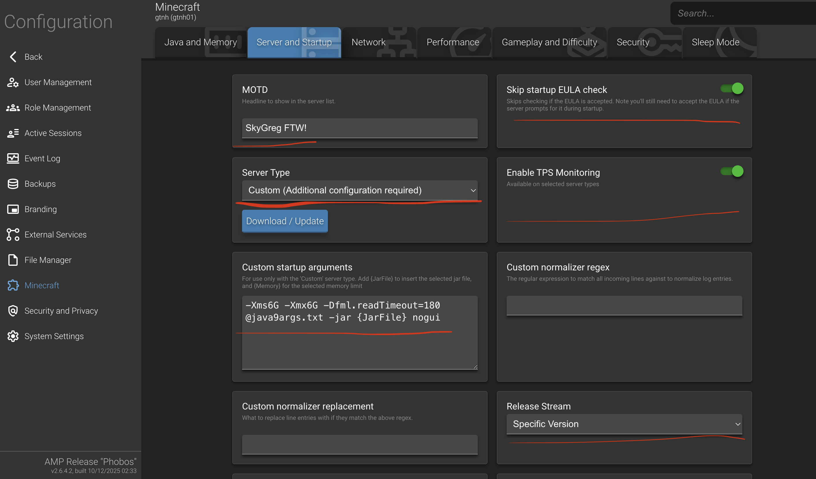 AMP server and startup settings for GTNH