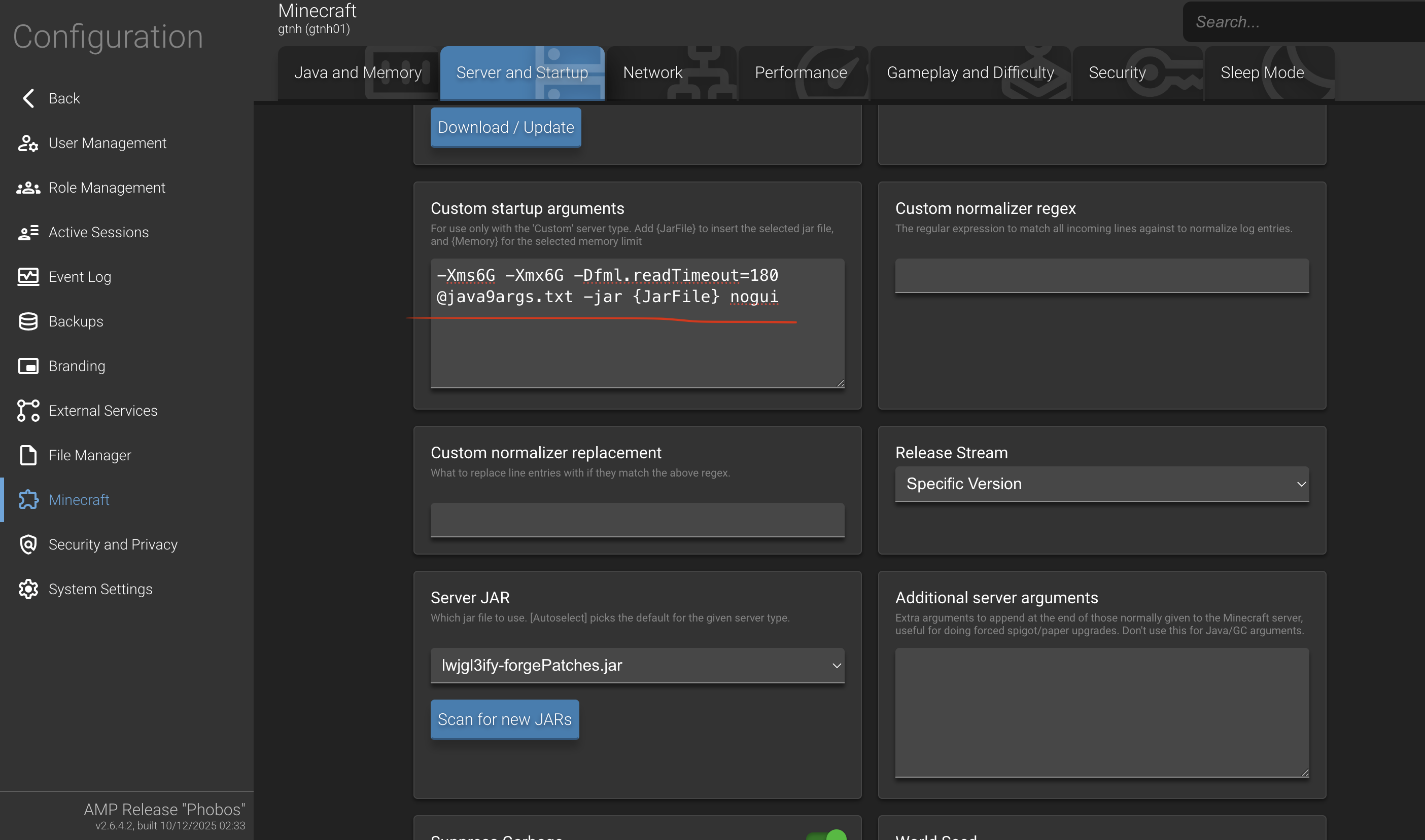 Select the GTNH server JAR in AMP