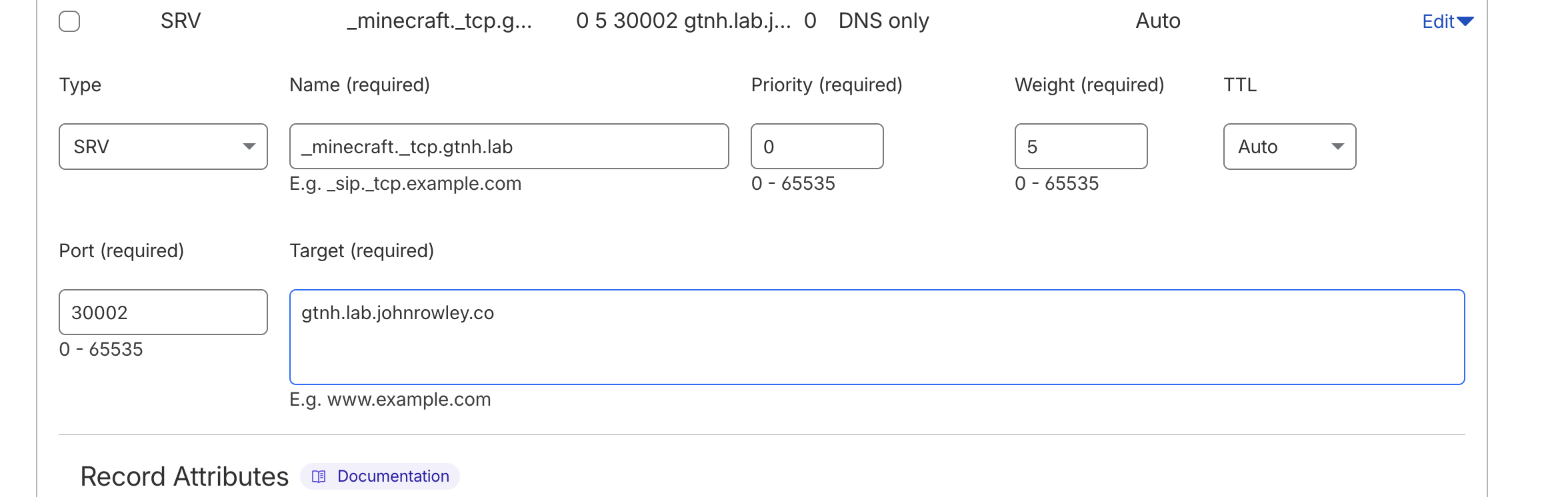Minecraft SRV record DNS configuration